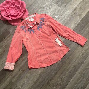 GRACE IN LA Sz‎ L Western Shirt Embroidered Rhinestones Pearl Snap Flip Cuff